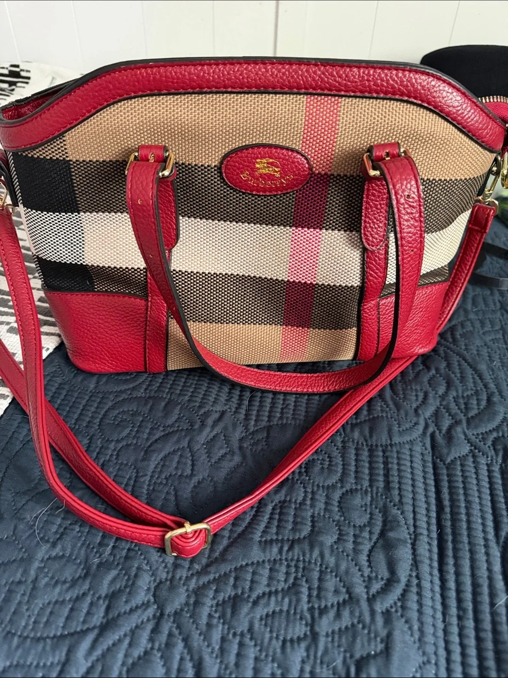 Beige Check Canvas Shoulder Bag with Red Leather Trim